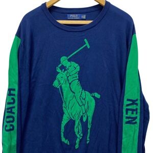 Polo Ralph Lauren Big Pony Sweater Mens XXL Blue Green Coach Ken Cotton Knit